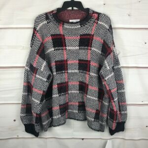 Single Thread Sweater Womens 3X Plus Plaid Crew Neck Pullover Soft Knit Black